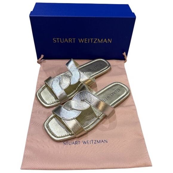 NEW Stuart Weitzman 7.5 Ibiza Woven-Strap Flat Slide Sandal Metallic Silver Gold - Picture 4 of 12